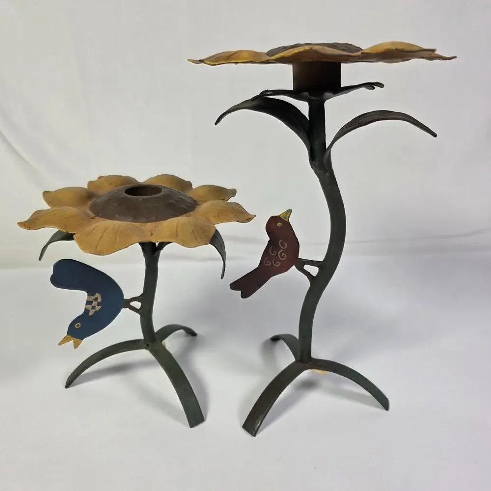 Vintage Midwest of Cannon Falls Sunflower Bird Metal Candle Holders Set 2